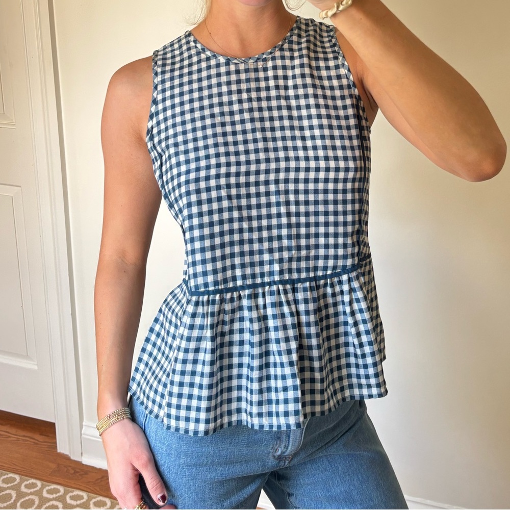 Gingham Sleeveless Peplum Top - Blue and White